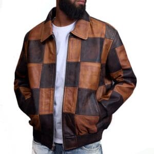 Men’s Brown Patchwork Leather Bomber Jacket
