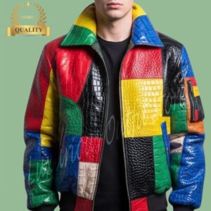 Men's Multicolor Patchwork Crocodile Embossed Leather Jacket