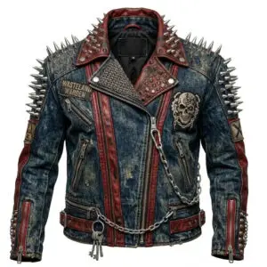Men’s Punk Gothic Spiked Denim Leather Jacket Studded Biker Skull Spiked Jacket