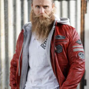 Men's Red Leather Jacket with Hood - Vintage Biker Motorcycle Jacket