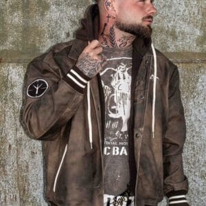 Men's Vintage Brown Bomber Removable Hood Leather Jacket