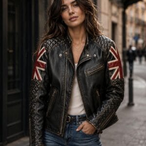 New Arrivals Black Union Jack Vintage UK Flag Biker Leather Jacket