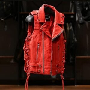 Men's Red Leather Biker Vest – Genuine Motorcycle Lace-Up Punk Riding Waistcoat