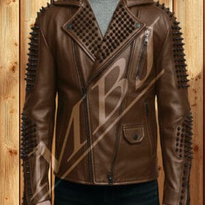 Men's Brown Studded Biker Real Sheepskin Leather Jacket