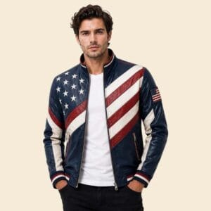 Men's Genuine USA Biker Leather Jacket Inspired By American Flag Jacket
